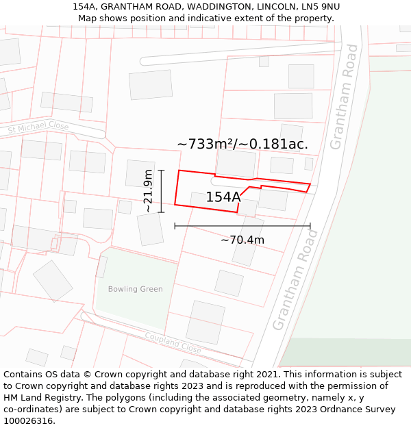 154A, GRANTHAM ROAD, WADDINGTON, LINCOLN, LN5 9NU: Plot and title map