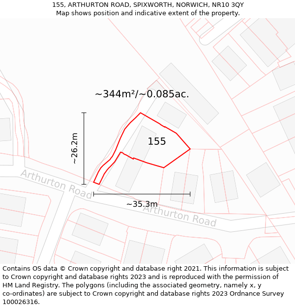 155, ARTHURTON ROAD, SPIXWORTH, NORWICH, NR10 3QY: Plot and title map