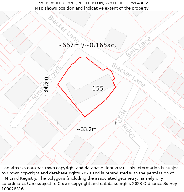 155, BLACKER LANE, NETHERTON, WAKEFIELD, WF4 4EZ: Plot and title map