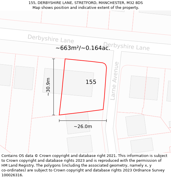 155, DERBYSHIRE LANE, STRETFORD, MANCHESTER, M32 8DS: Plot and title map