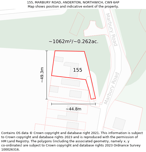 155, MARBURY ROAD, ANDERTON, NORTHWICH, CW9 6AP: Plot and title map