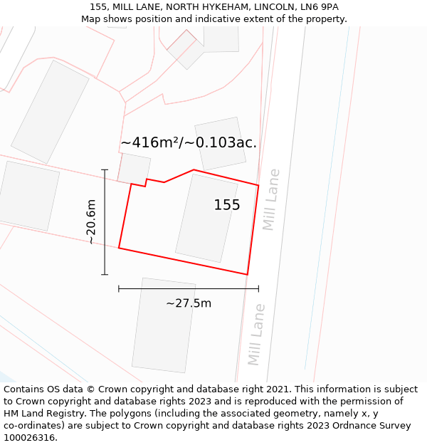 155, MILL LANE, NORTH HYKEHAM, LINCOLN, LN6 9PA: Plot and title map