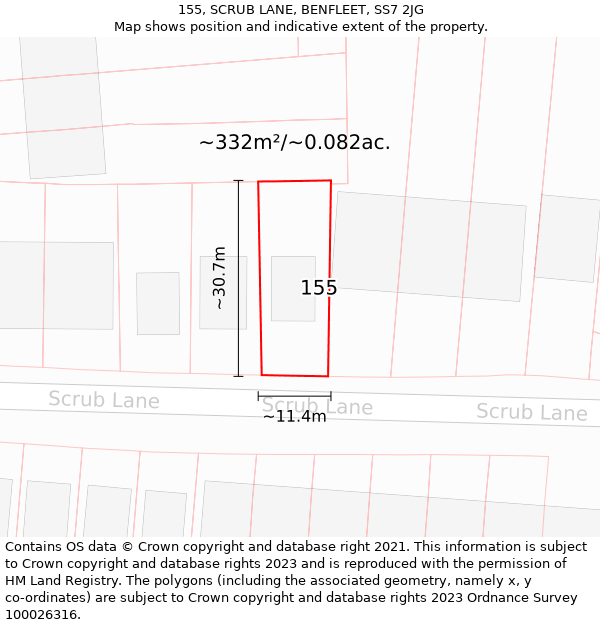 155, SCRUB LANE, BENFLEET, SS7 2JG: Plot and title map