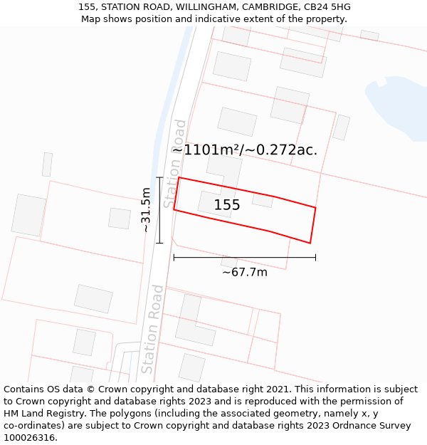 155, STATION ROAD, WILLINGHAM, CAMBRIDGE, CB24 5HG: Plot and title map
