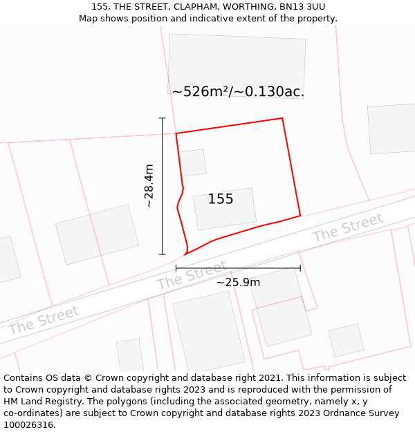155, THE STREET, CLAPHAM, WORTHING, BN13 3UU: Plot and title map