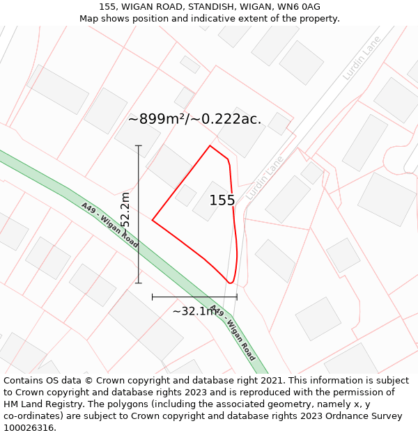 155, WIGAN ROAD, STANDISH, WIGAN, WN6 0AG: Plot and title map