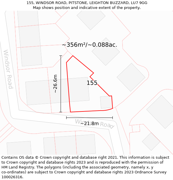 155, WINDSOR ROAD, PITSTONE, LEIGHTON BUZZARD, LU7 9GG: Plot and title map