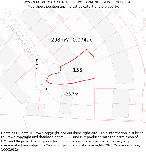 155, WOODLANDS ROAD, CHARFIELD, WOTTON-UNDER-EDGE, GL12 8LA: Plot and title map