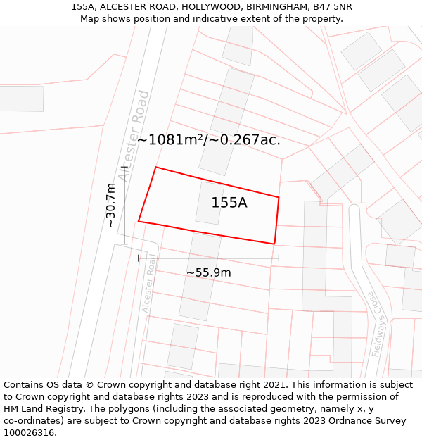 155A, ALCESTER ROAD, HOLLYWOOD, BIRMINGHAM, B47 5NR: Plot and title map