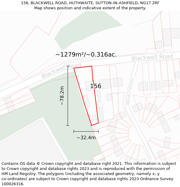 156, BLACKWELL ROAD, HUTHWAITE, SUTTON-IN-ASHFIELD, NG17 2RF: Plot and title map