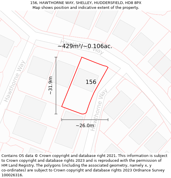 156, HAWTHORNE WAY, SHELLEY, HUDDERSFIELD, HD8 8PX: Plot and title map