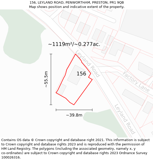 156, LEYLAND ROAD, PENWORTHAM, PRESTON, PR1 9QB: Plot and title map