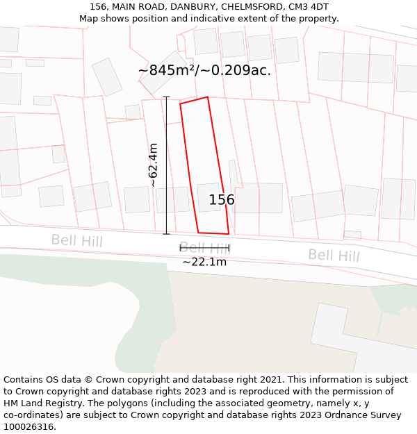 156, MAIN ROAD, DANBURY, CHELMSFORD, CM3 4DT: Plot and title map