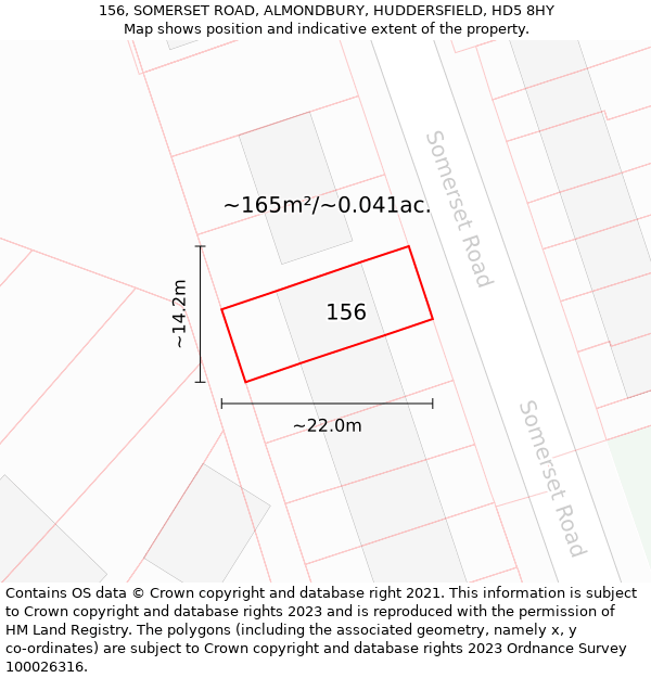 156, SOMERSET ROAD, ALMONDBURY, HUDDERSFIELD, HD5 8HY: Plot and title map