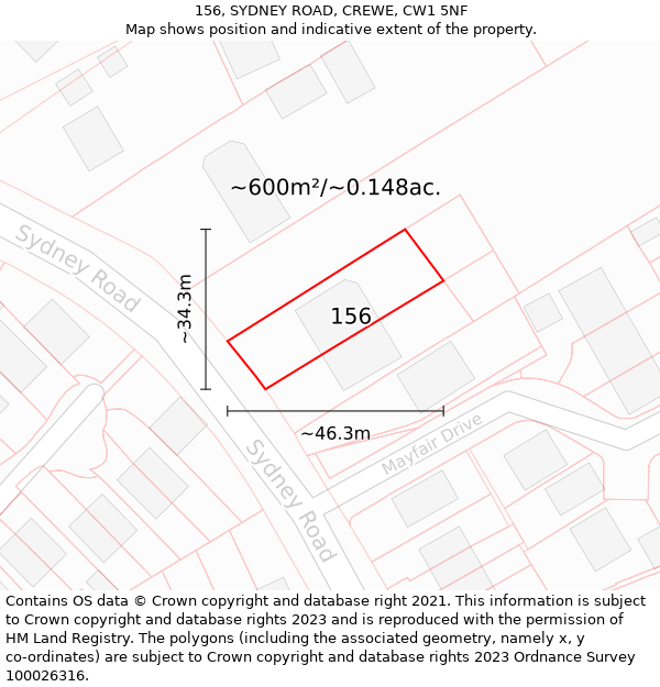 156, SYDNEY ROAD, CREWE, CW1 5NF: Plot and title map