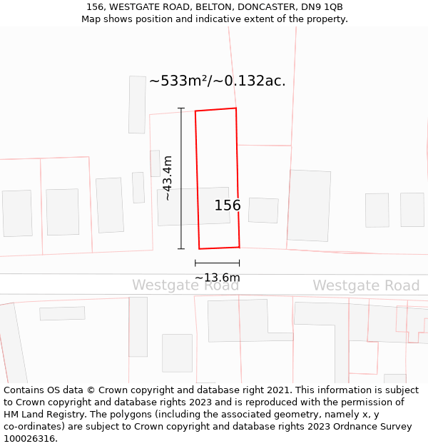 156, WESTGATE ROAD, BELTON, DONCASTER, DN9 1QB: Plot and title map