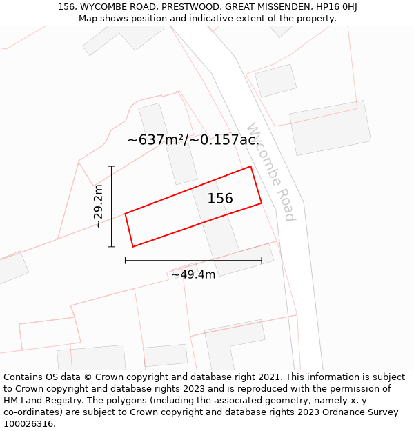 156, WYCOMBE ROAD, PRESTWOOD, GREAT MISSENDEN, HP16 0HJ: Plot and title map