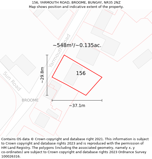 156, YARMOUTH ROAD, BROOME, BUNGAY, NR35 2NZ: Plot and title map