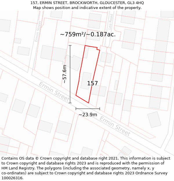 157, ERMIN STREET, BROCKWORTH, GLOUCESTER, GL3 4HQ: Plot and title map