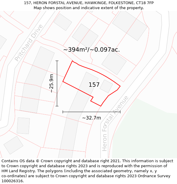 157, HERON FORSTAL AVENUE, HAWKINGE, FOLKESTONE, CT18 7FP: Plot and title map