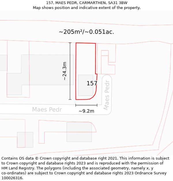 157, MAES PEDR, CARMARTHEN, SA31 3BW: Plot and title map