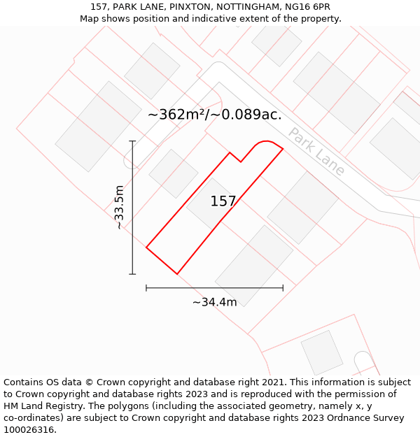 157, PARK LANE, PINXTON, NOTTINGHAM, NG16 6PR: Plot and title map