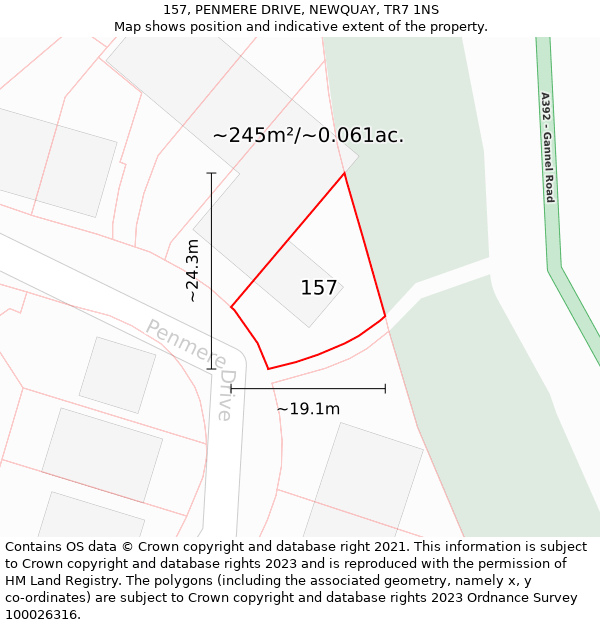 157, PENMERE DRIVE, NEWQUAY, TR7 1NS: Plot and title map