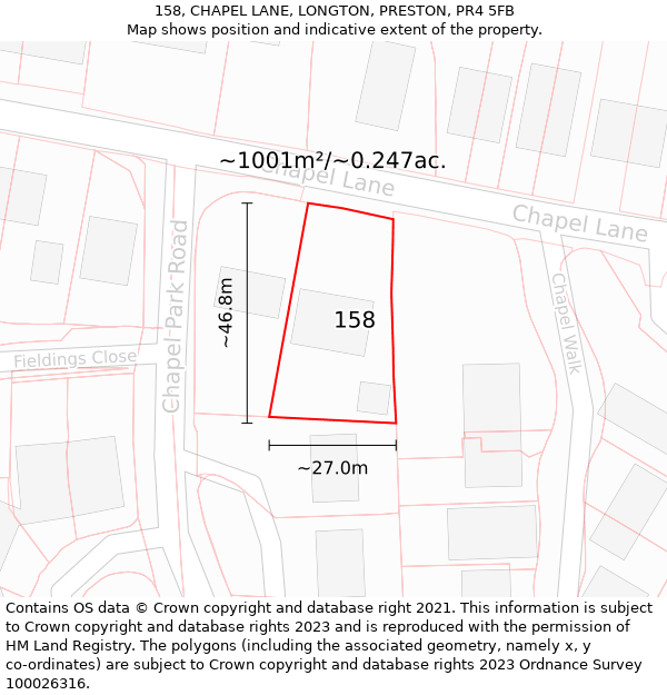 158, CHAPEL LANE, LONGTON, PRESTON, PR4 5FB: Plot and title map