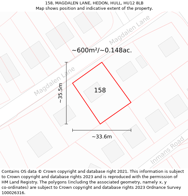 158, MAGDALEN LANE, HEDON, HULL, HU12 8LB: Plot and title map