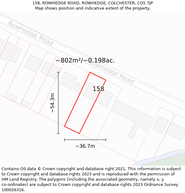 158, ROWHEDGE ROAD, ROWHEDGE, COLCHESTER, CO5 7JP: Plot and title map