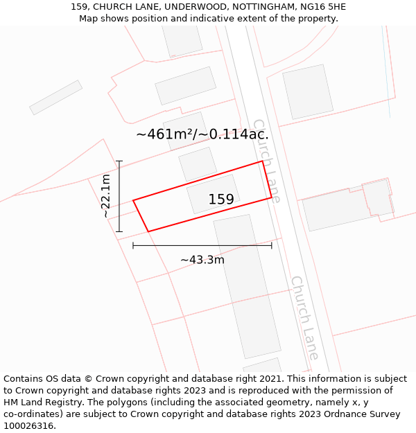 159, CHURCH LANE, UNDERWOOD, NOTTINGHAM, NG16 5HE: Plot and title map