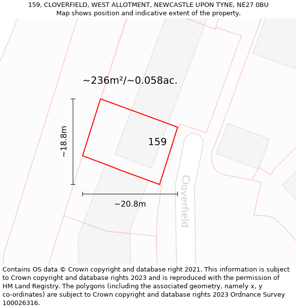 159, CLOVERFIELD, WEST ALLOTMENT, NEWCASTLE UPON TYNE, NE27 0BU: Plot and title map