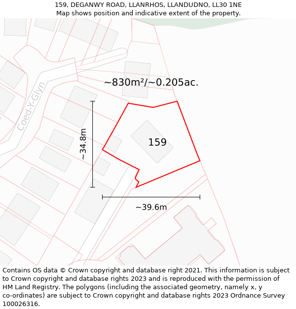 159, DEGANWY ROAD, LLANRHOS, LLANDUDNO, LL30 1NE: Plot and title map