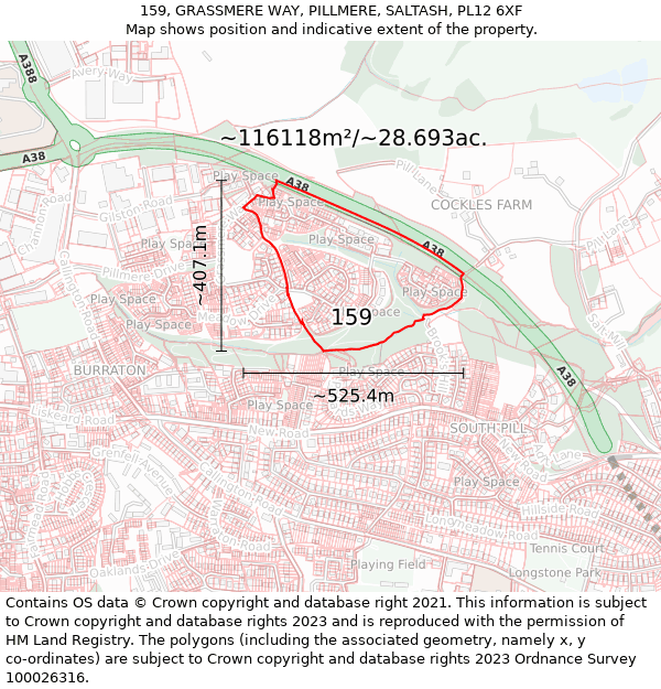 159, GRASSMERE WAY, PILLMERE, SALTASH, PL12 6XF: Plot and title map