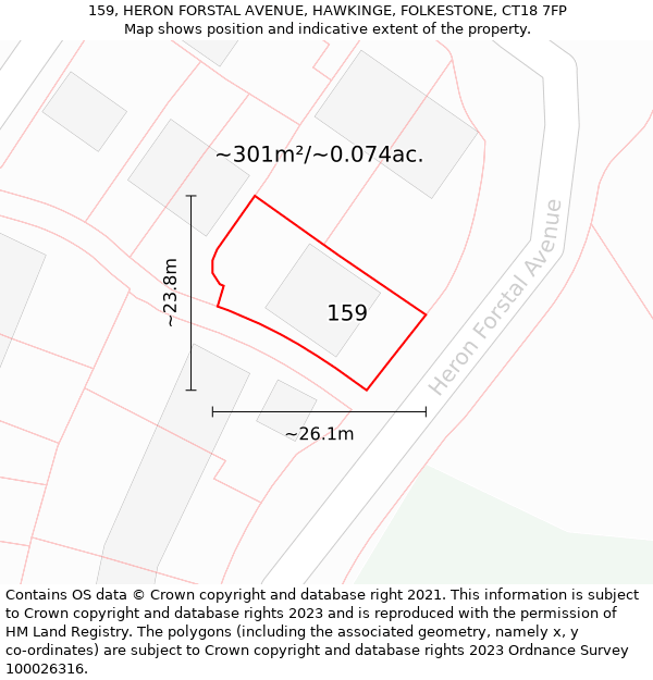 159, HERON FORSTAL AVENUE, HAWKINGE, FOLKESTONE, CT18 7FP: Plot and title map