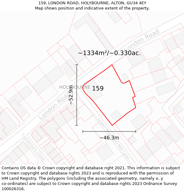 159, LONDON ROAD, HOLYBOURNE, ALTON, GU34 4EY: Plot and title map