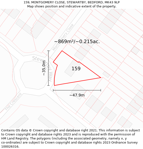 159, MONTGOMERY CLOSE, STEWARTBY, BEDFORD, MK43 9LP: Plot and title map