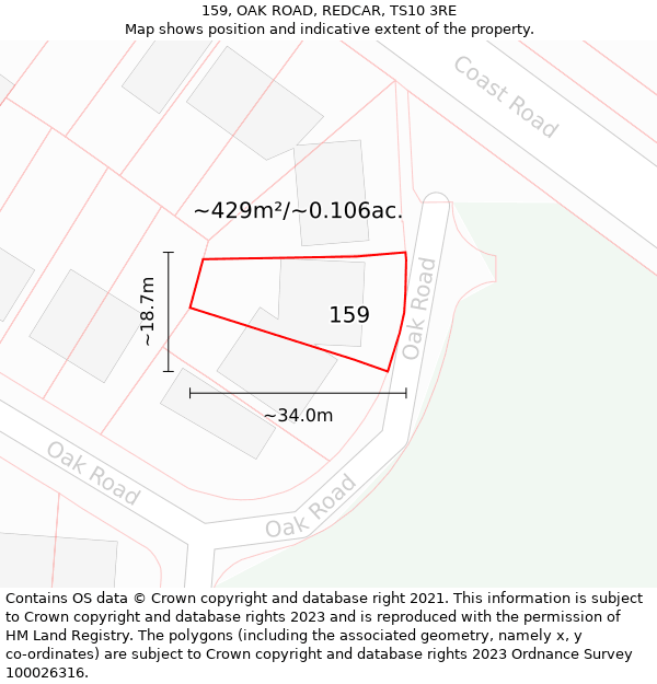 159, OAK ROAD, REDCAR, TS10 3RE: Plot and title map