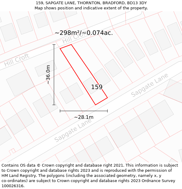 159, SAPGATE LANE, THORNTON, BRADFORD, BD13 3DY: Plot and title map