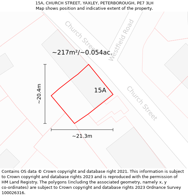 15A, CHURCH STREET, YAXLEY, PETERBOROUGH, PE7 3LH: Plot and title map