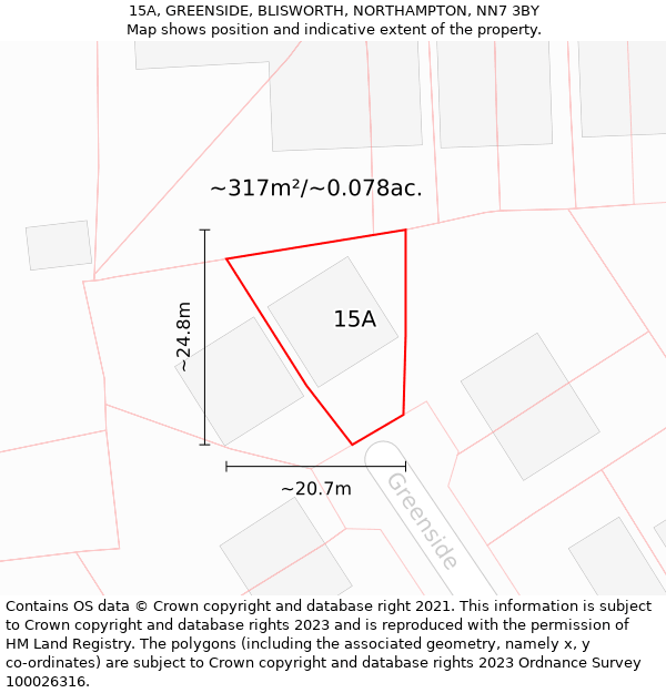 15A, GREENSIDE, BLISWORTH, NORTHAMPTON, NN7 3BY: Plot and title map