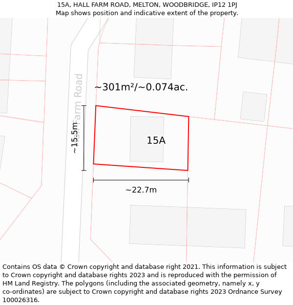 15A, HALL FARM ROAD, MELTON, WOODBRIDGE, IP12 1PJ: Plot and title map