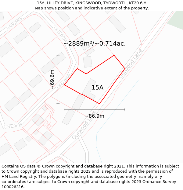 15A, LILLEY DRIVE, KINGSWOOD, TADWORTH, KT20 6JA: Plot and title map