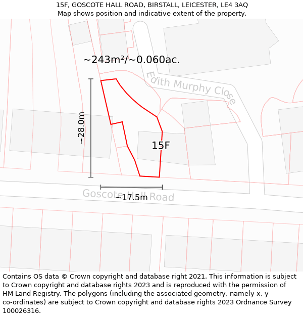 15F, GOSCOTE HALL ROAD, BIRSTALL, LEICESTER, LE4 3AQ: Plot and title map