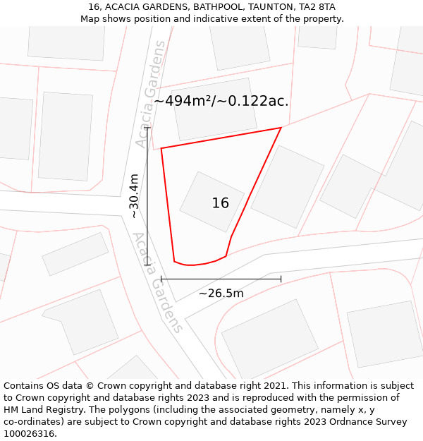 16, ACACIA GARDENS, BATHPOOL, TAUNTON, TA2 8TA: Plot and title map