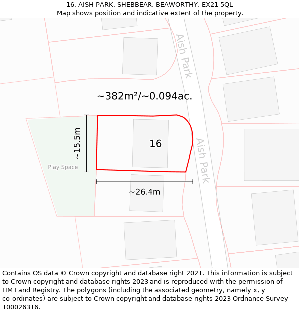 16, AISH PARK, SHEBBEAR, BEAWORTHY, EX21 5QL: Plot and title map