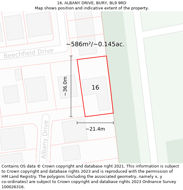 16, ALBANY DRIVE, BURY, BL9 9RD: Plot and title map