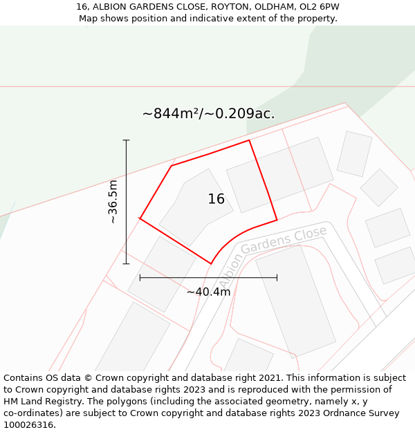 16, ALBION GARDENS CLOSE, ROYTON, OLDHAM, OL2 6PW: Plot and title map
