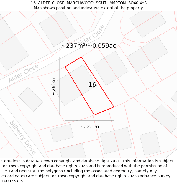 16, ALDER CLOSE, MARCHWOOD, SOUTHAMPTON, SO40 4YS: Plot and title map