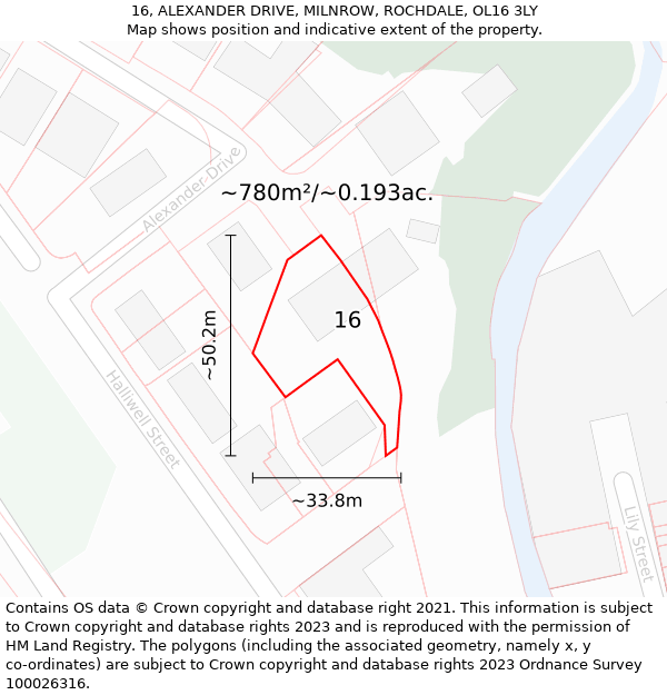 16, ALEXANDER DRIVE, MILNROW, ROCHDALE, OL16 3LY: Plot and title map